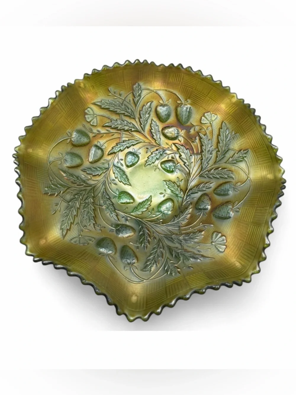 Northwood Antique Green Carnival Glass Strawberry Basketweave Ruffle Edge Bowl